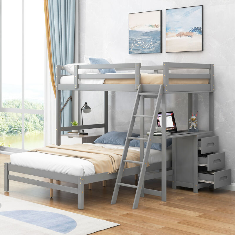 Whisen Morden Design Twin over Full Bunk Bed with Built-in Desk and Three Drawers image number 4