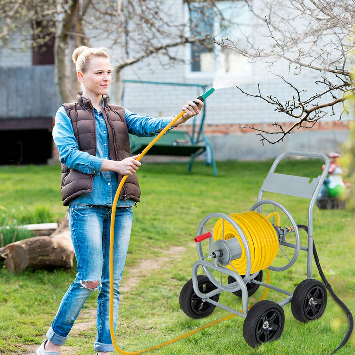 Heavy Duty Garden Water Hose Reel Cart with 4 Wheels and Non-slip Grip