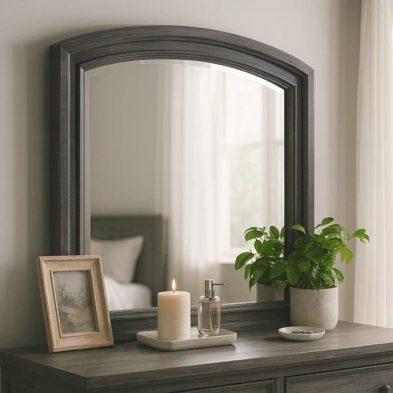 Dresser Mirror, Gray Pine Wood Frame, Farmhouse Carved Details 36x42 image number 7