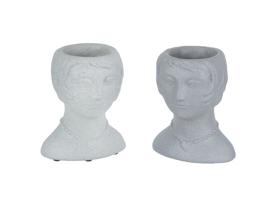 Set of 2 Roaring 20's Flapper Lady Gray Concrete Head Mini Planter 6 Inches Tall