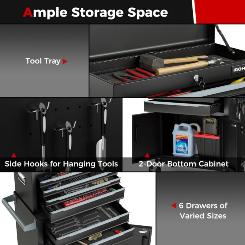 2-in-1 Rolling Tool Storage Cabinet with Drawers and Hooks image number 6