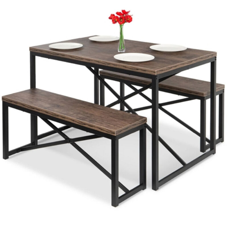 Modern Dining Table Set with Wood Top and Metal Frame Includes 2 Benches