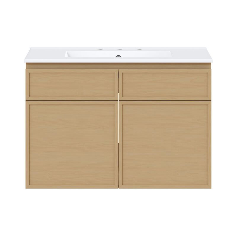 30" Wall-Mounted Bathroom Vanity in Natural Oak with 3-Hole Widespread Sink Top image number 0