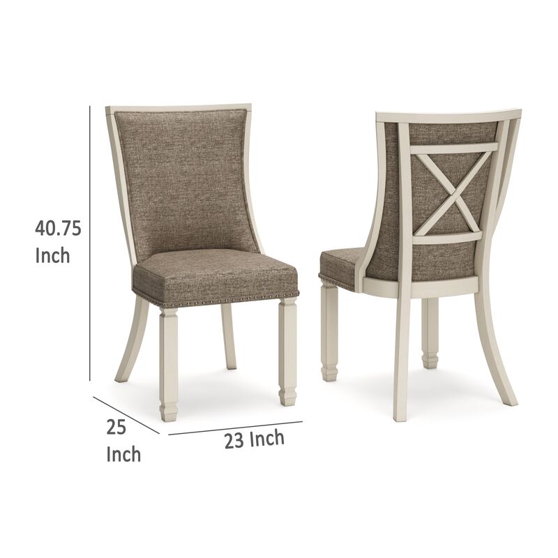 Bolan Dining Side Chair Set of 2, Lattice Back, Polyester, White Wood - Benzara