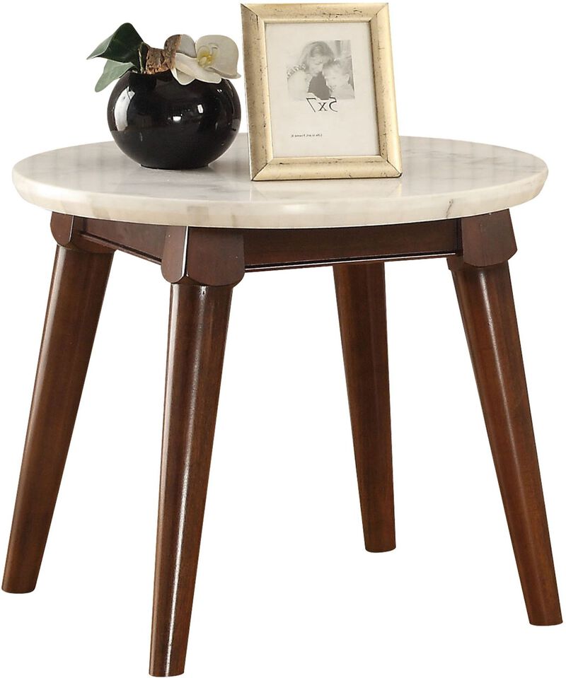 Homezia 22" Walnut And White Faux Marble Round End Table