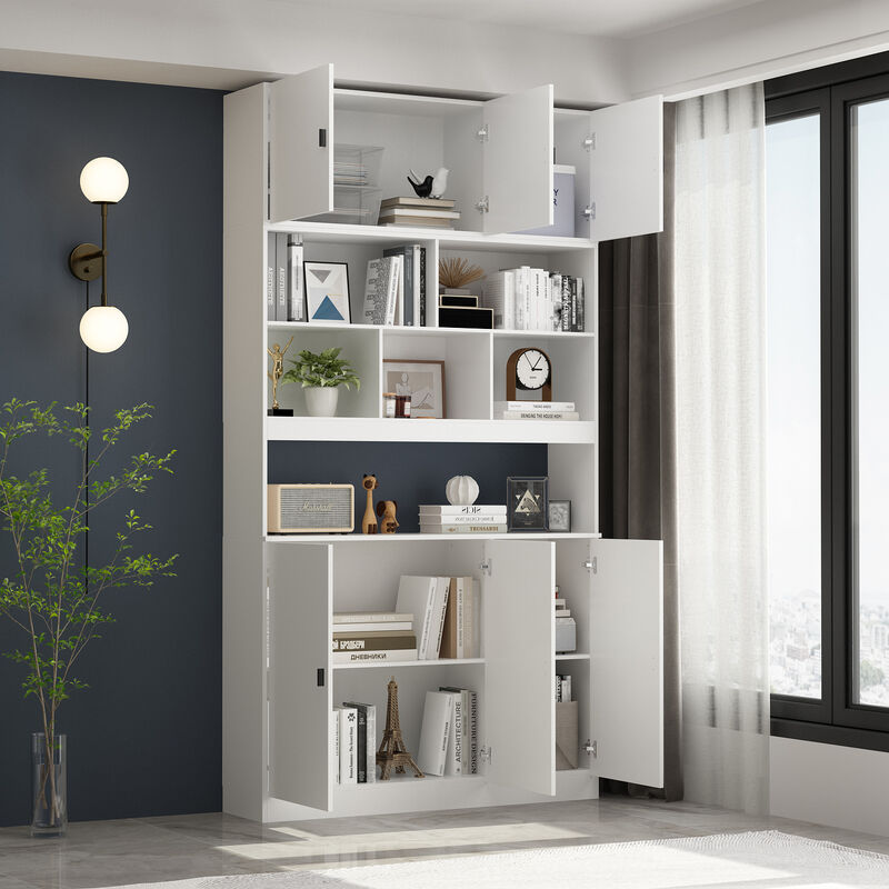 FUFU&GAGA White Storage Cabinet with Glass Doors & Open Shelf, 25mm+15mm+12mm PB Board Construction, Modern Multi-Functional Wardrobe (47.2 x 12.2 x 87.8 in)