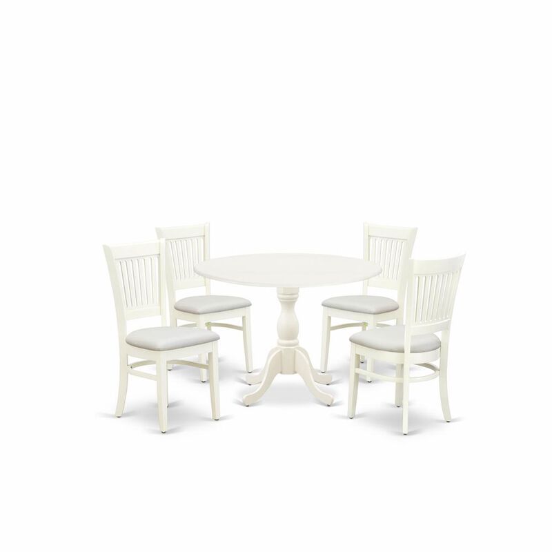 East West Furniture - DMVA5-LWH-C - 5-Piece Dining Room Table Set- 4 Dining Room Chair with Linen Fabric Seat and Slatted Chair Back - Drop Leaves Round Table - Linen White Finish