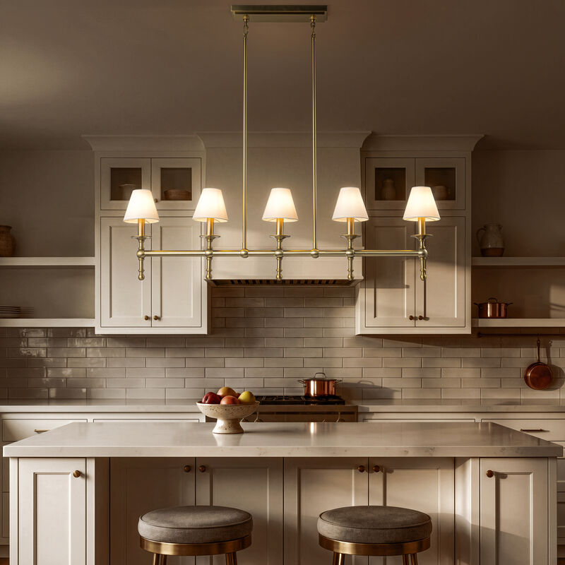 Transitional Warm Brass Linear Chandelier with Fabric Shades for Dining Room Kitchen Island image number 2