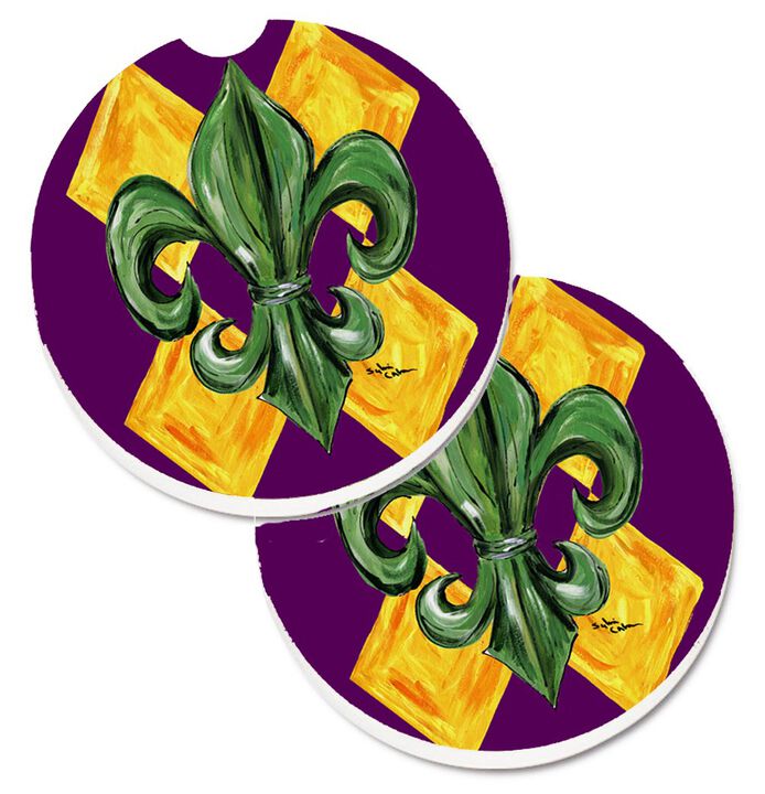 Caroline's Treasures Mardi Gras Fleur De Lis Purple green & Gold Set of 2 Cup Holder Car Coasters 8133CARC, 2.56, Multicolor