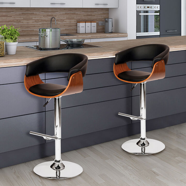 Paris Black Faux Leather Adjustable Height Swivel Walnut Wood and Chrome Stool