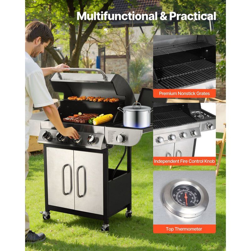4 Burner BBQ Gas Grill with Side Burner, 52000 BTU Outdoor Patio Grill with Side Shelves image number 5