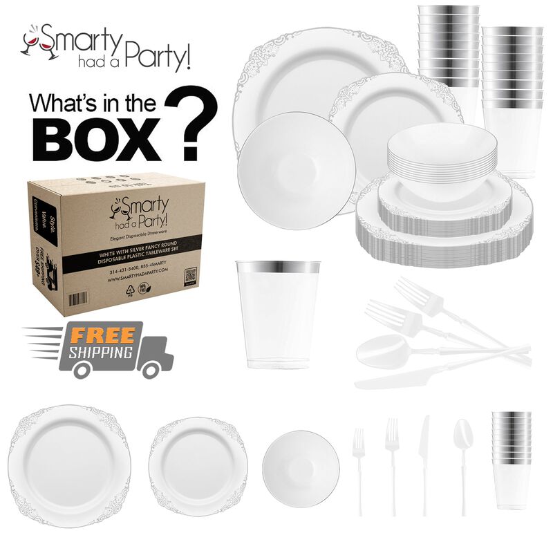 White with Silver Fancy Round Plastic Tableware Set (120 Sets) image number 3
