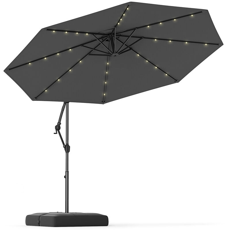 Solar Offset Umbrella with 32 LED Lights &ndash; Hanging Patio Shade with Base
