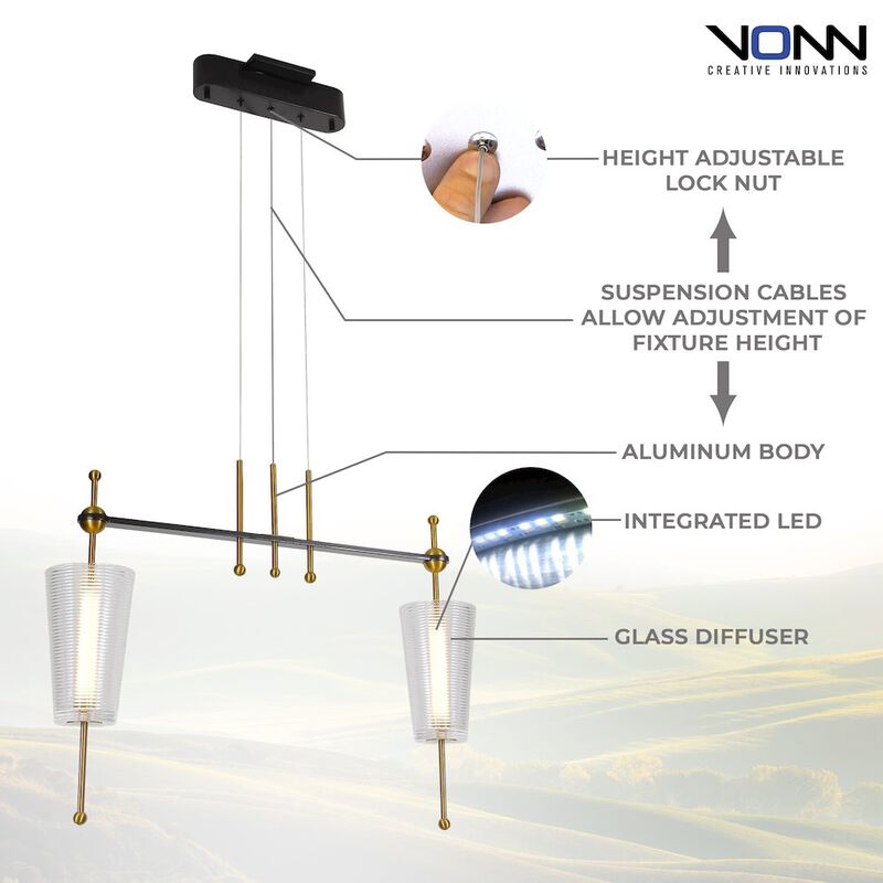 VONN Lighting Integrated LED Pendant Light Height Adjustable Linear Chandelier