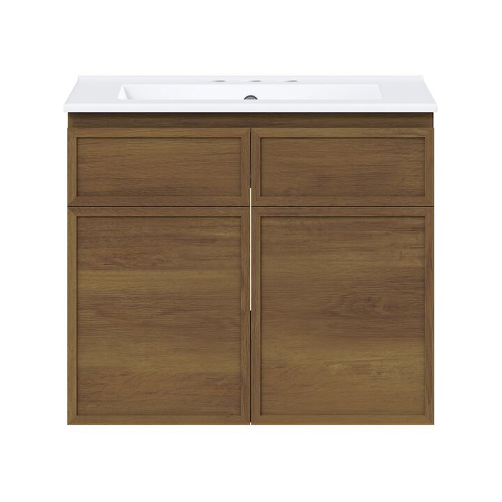 24" Wall-Mounted Bathroom Vanity in Brown Oak with 3-Hole Centerset Sink Top