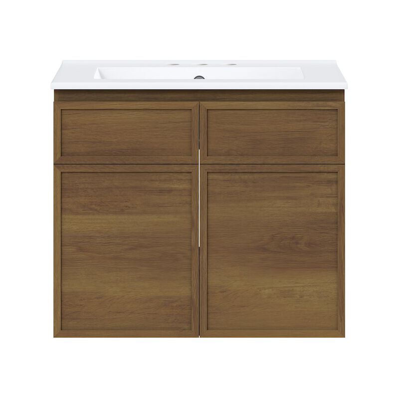 24" Wall-Mounted Bathroom Vanity in Brown Oak with 3-Hole Centerset Sink Top image number 0