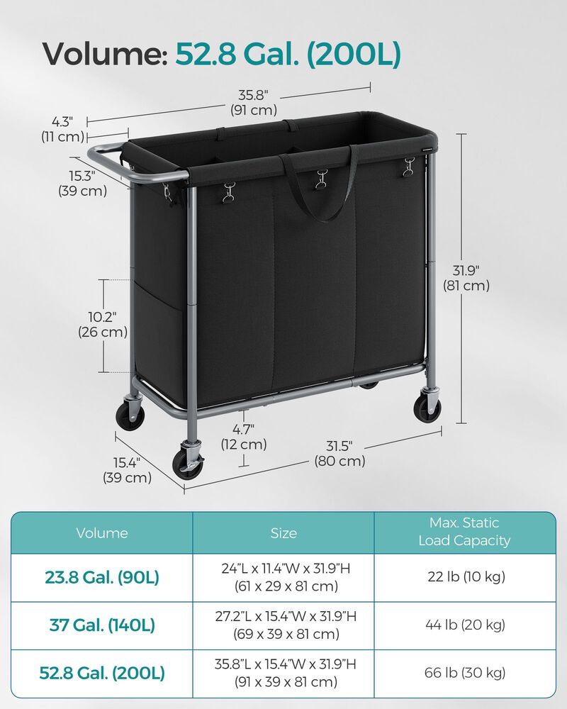 200L Laundry Sorter Cart &ndash; 3-Compartment Rolling Hamper with Removable Liners and Frame
