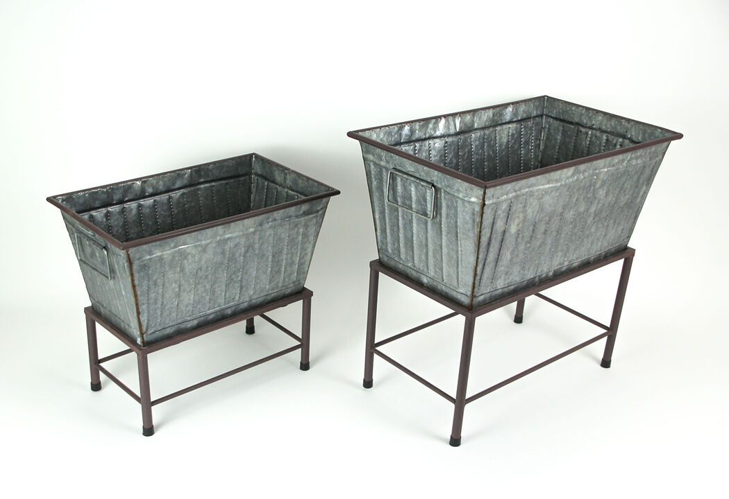 Rectangular Galvanized Metal Tub Planters On Stand Set of 2