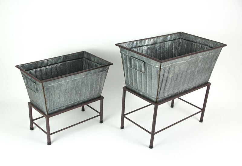 Rectangular Galvanized Metal Tub Planters On Stand Set of 2 image number 1