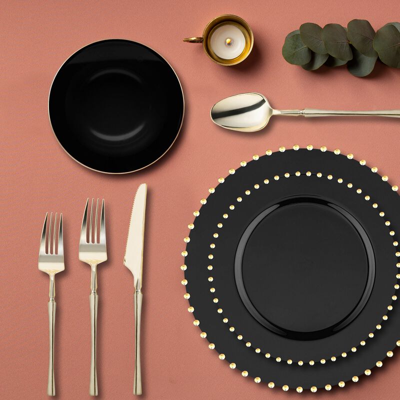 Black with Gold Pearl String Round Plastic Tableware Set (60 Sets) image number 7