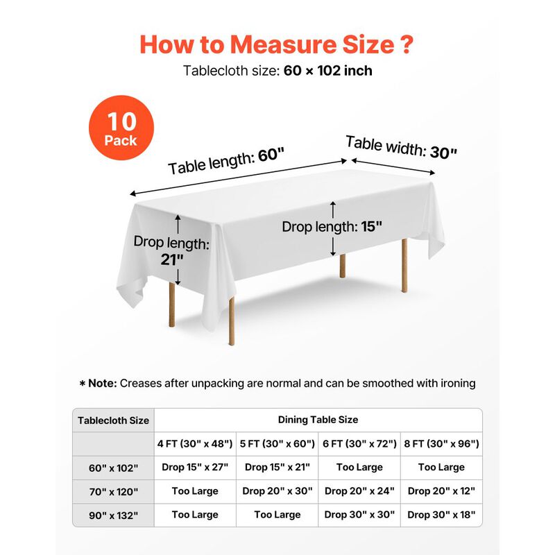 10 Pack Rectangle Tablecloths, Wrinkle Resistant Polyester Covers for Wedding Party Banquet Events-White image number 2