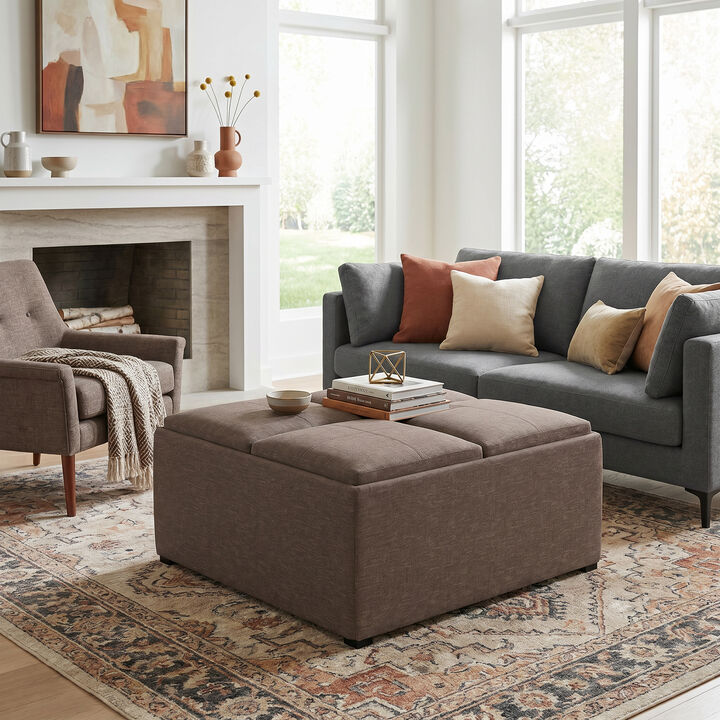 Avalon 35 inch Wide Contemporary Square Coffee Table Storage Ottoman in Fawn Brown Linen Look Fabric, Assembled