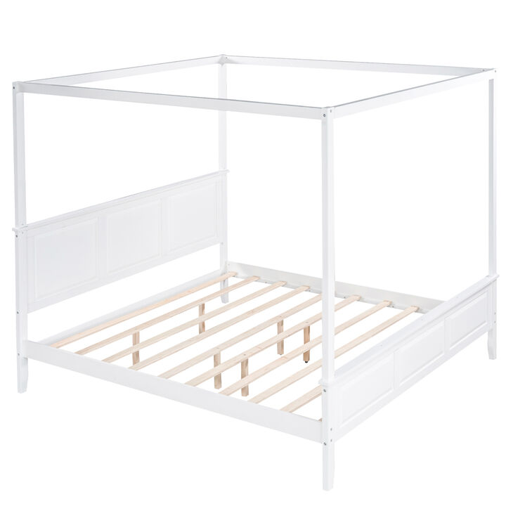 King Size Canopy Platform Bed with Headboard and Footboard, With Slat Support Leg, White