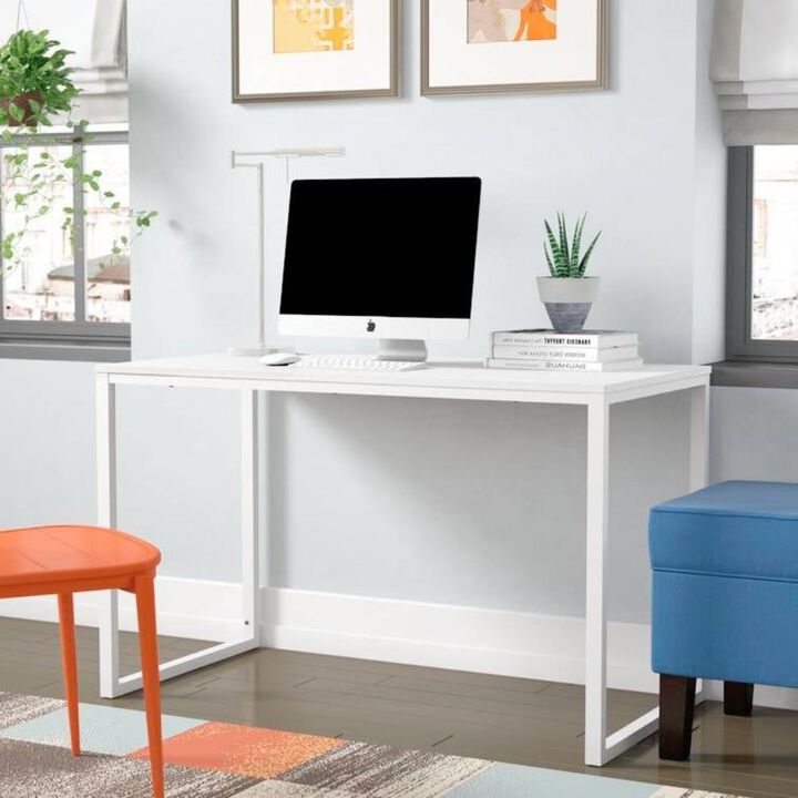 Hivvago Modern Home Office Desk with White Metal Frame and Wood Top