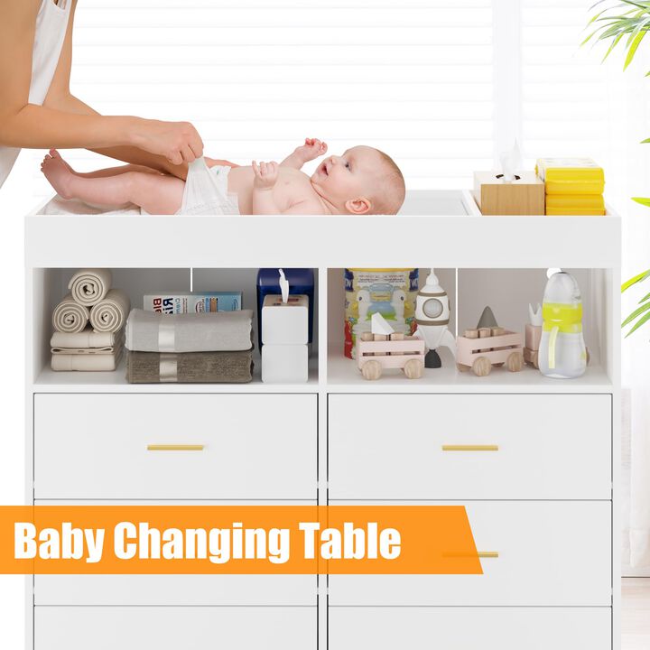 LED Light & Power Outlet Baby Changing Table Dresser &ndash; 6 Drawers, Metal Feet, Diaper Station Organizer for Nursery