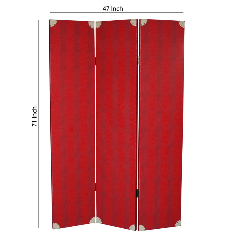 Transitional 3 Panel Wooden Screen with Nailhead Trim, Red - Benzara image number 5