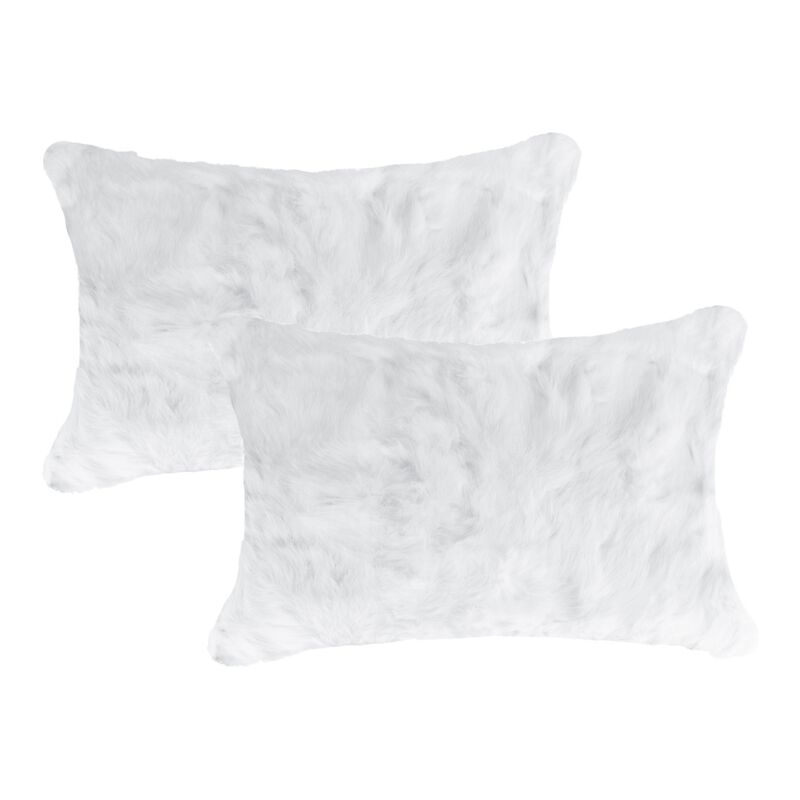 Homezia Set Of Two 12" X 20" White Rabbit Natural Fur Throw Pillows