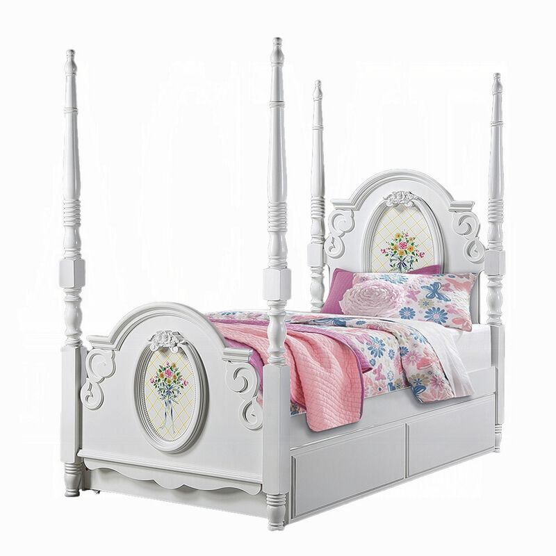 Auri Twin 4 Poster Princess Bed, Classic Arched Headboard, White Wood - Benzara