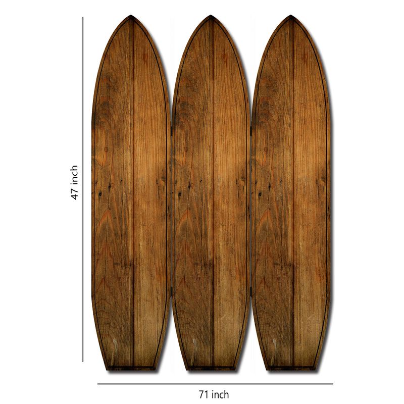 Plank Style Surfboard Shaped 3 Panel Wooden Room Divider, Brown-Benzara image number 5