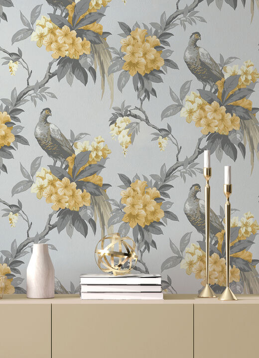 Golden Pheasant Grey Floral Wallpaper
