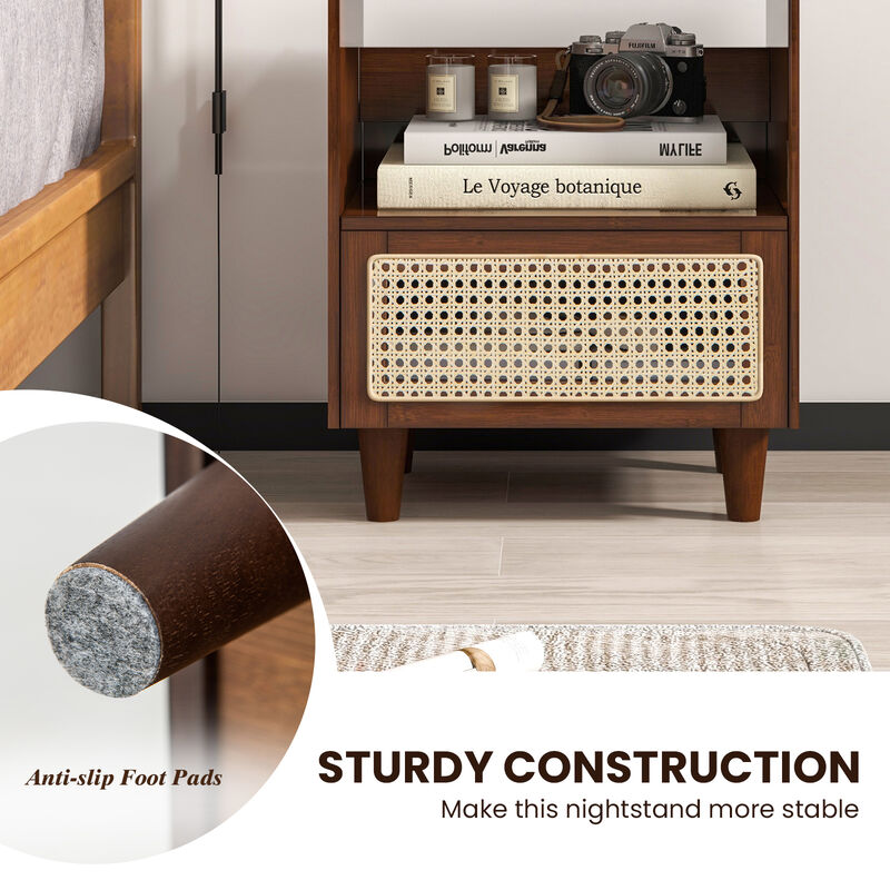 Set of 2 Bamboo Rattan Nightstand with Drawer and Solid Wood Legs