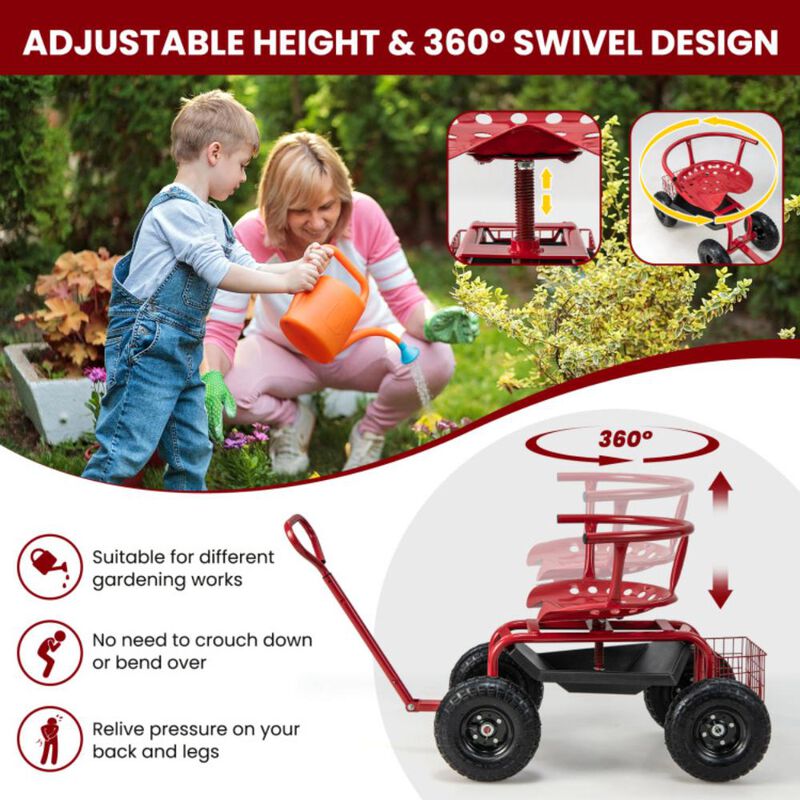 Hivvago Cushioned Rolling Garden Cart Scooter with Storage Basket and Tool Pouch