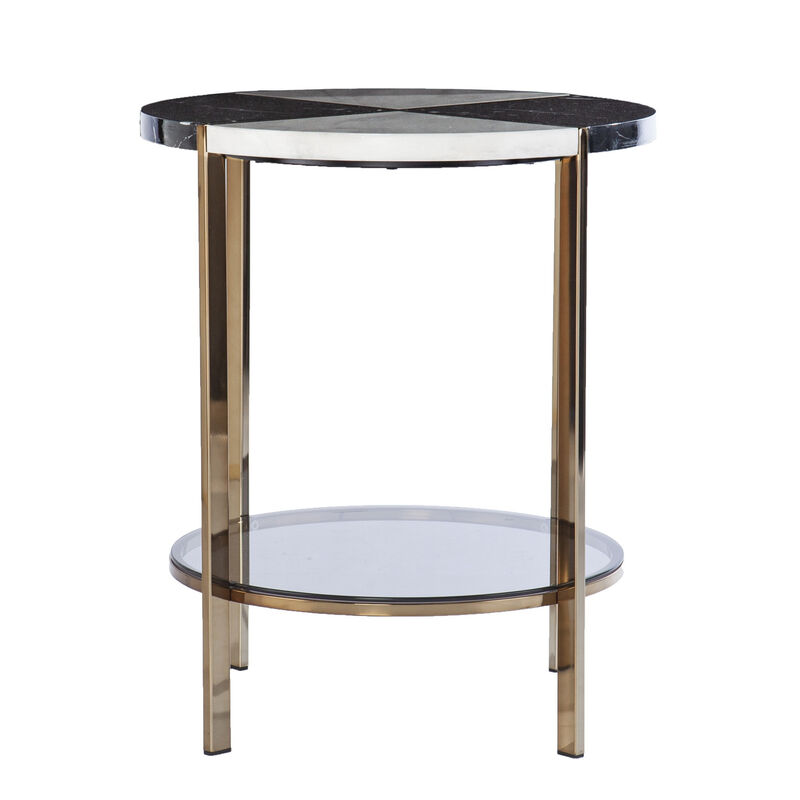 Round Wood and Iron End Table with Two Storage Shelves for Living Room or Bedroom