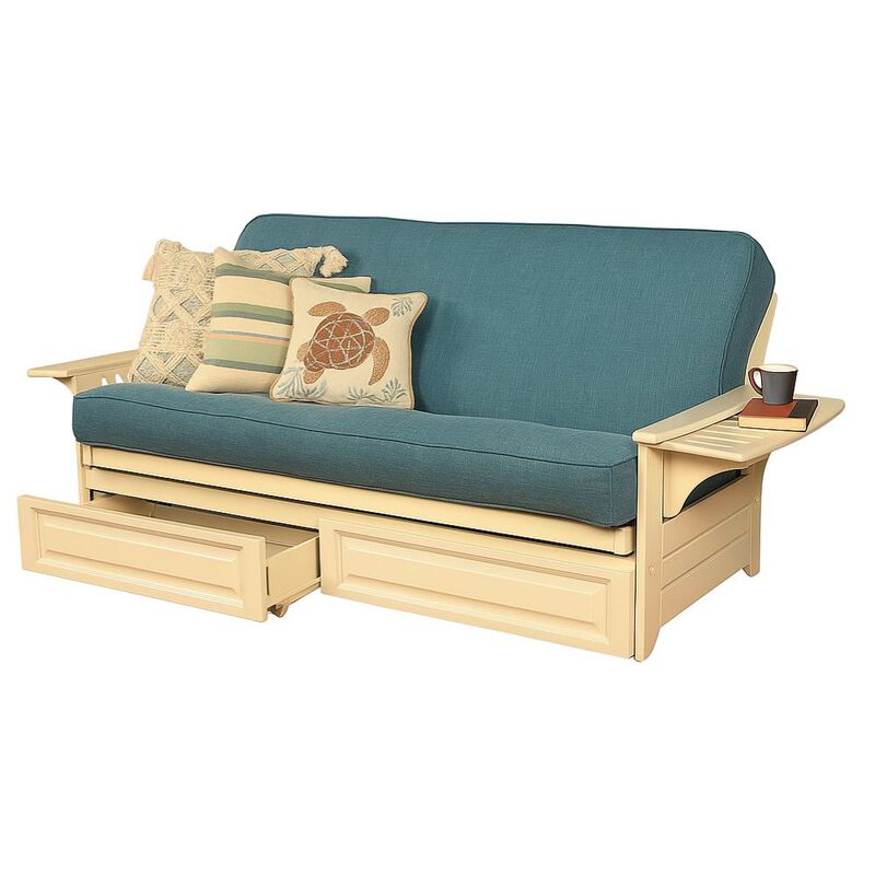 Phoenix Frame-Antique White Finish-Linen Aqua Mattress-Storage Drawers