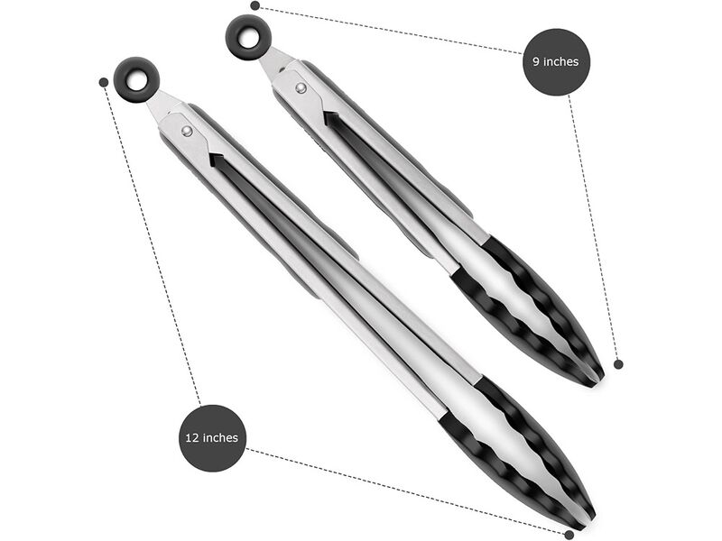 ALLWIN-HOUSEWARE W 2 Pack Black Kitchen Tongs, Premium Silicone BPA Free Non-Stick Stainless Steel