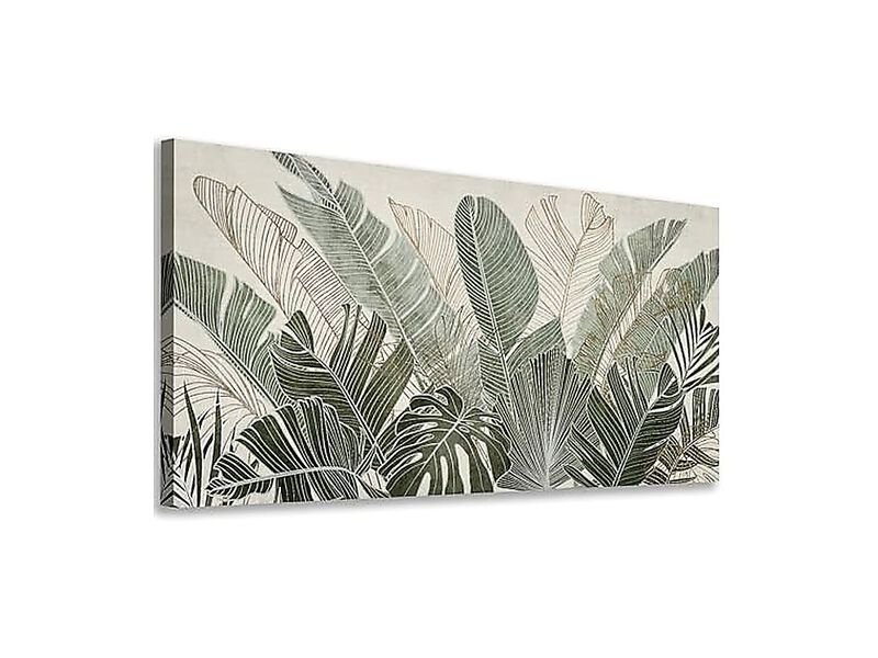 Tropical Plants Wall Art Green Leaf Canvas Living Decor Banana Leaves Line Taupe image number 2