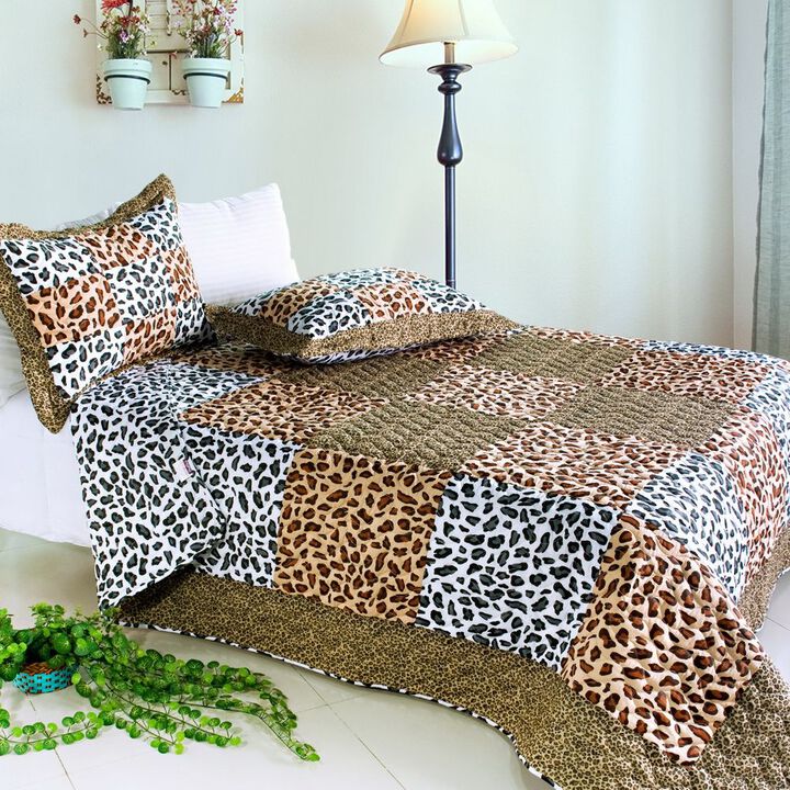 Leopard Pattern 3 Piece Cotton Quilt Set Soft Quilted Bedroom Bedding