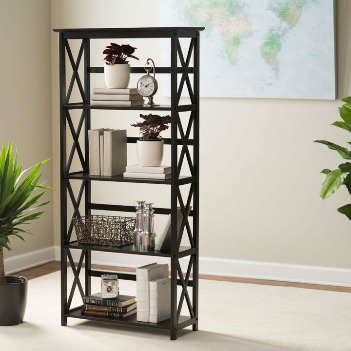 Hivvago Tall 5 Tier Bookcase in Black Wood Finish