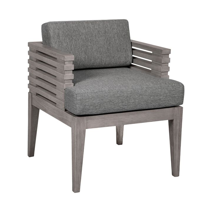 Hida 24 Inch Outdoor Patio Dining Chair, Ridged Gray Wood, Olefin Cushions - Benzara