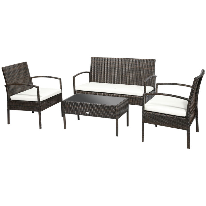Outsunny Patio Furniture Set, 4 Piece Indoor Outdoor PE Wicker Conversation Set with Chairs, Loveseat Sofa, Cushions, Glass Table for Backyard, Sunroom, Pool, Garden, Brown
