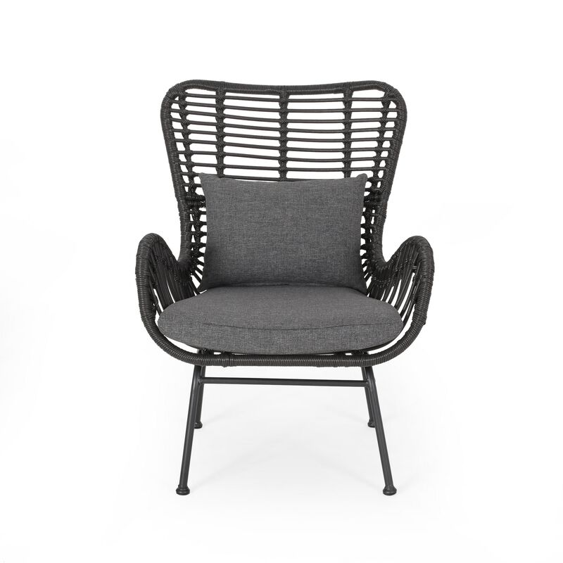 Slay Outdoor Accent Chair Set of 2, 25 Inch, Gray Woven Rattan, Iron Legs - Benzara