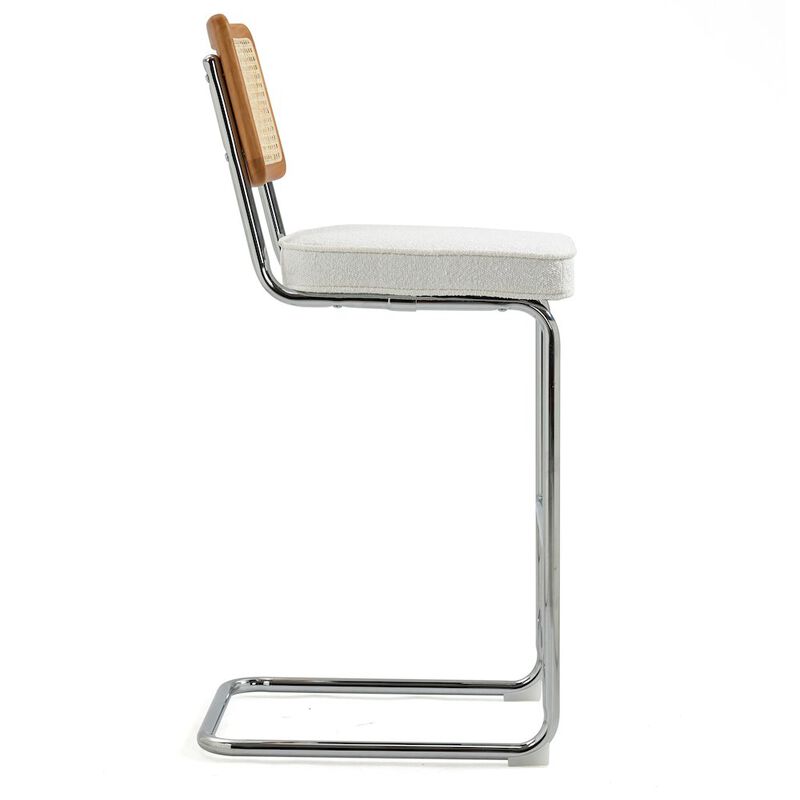 Glamour Home Set of 2 White Boucle Fabric Bar Stool Rattan Backrest and Silver Steel Legs