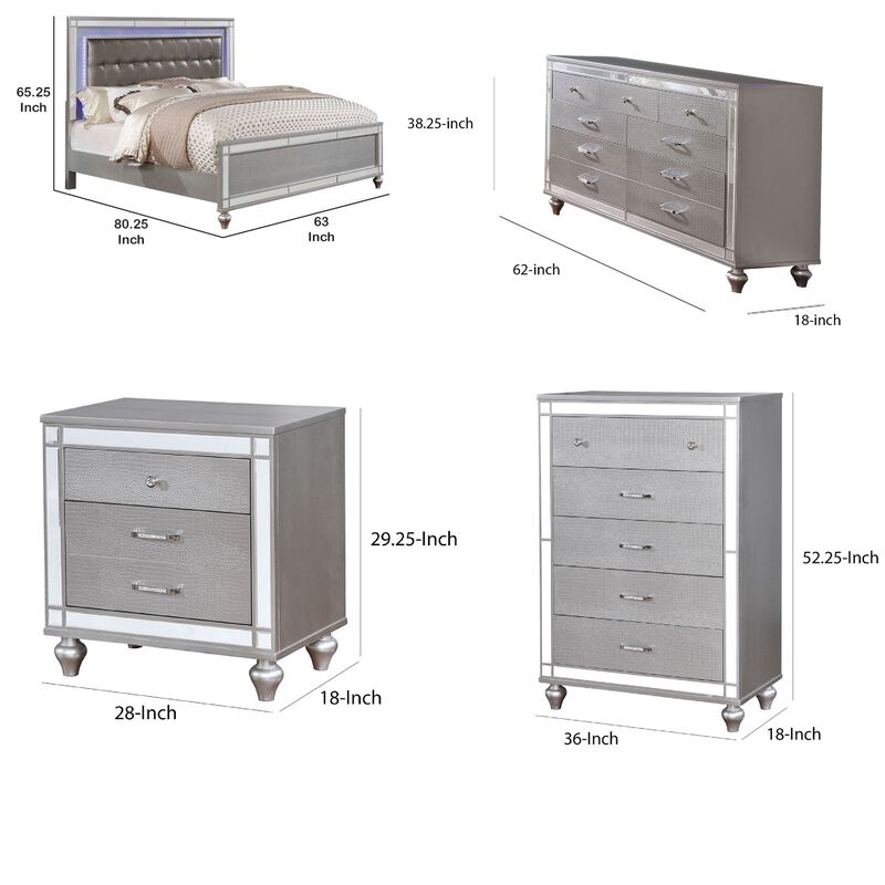 Queen Bedroom Set, Silver, 4 Piece Set with Chest, Dresser, and Nightstand image number 7