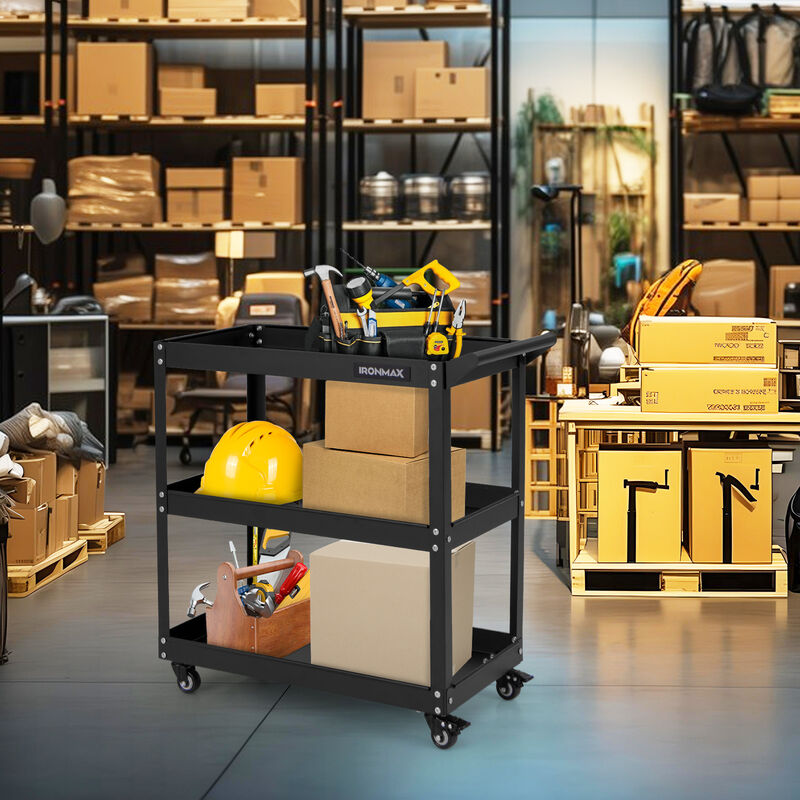 Rolling Cart with 3 Open Shelves, 2 Brakes & 360&deg; Swivel Wheels