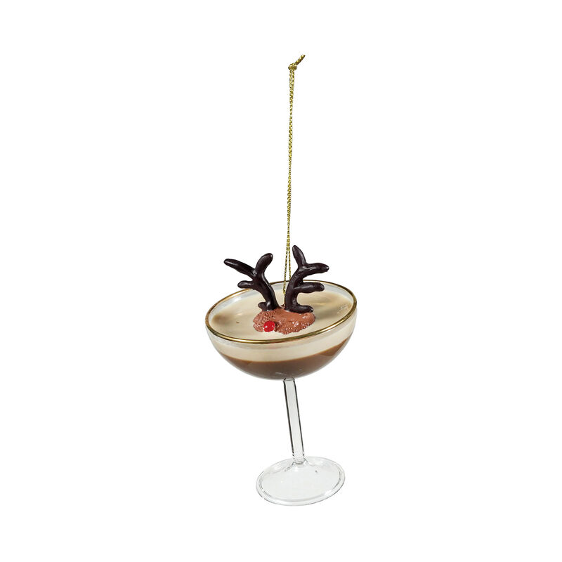 Glass Espresso Martini Ornament with Deer Head, Cream & Brown image number 0