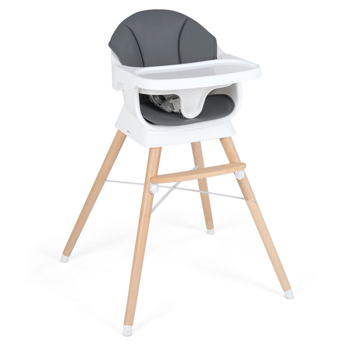 Convertible Baby High Chair with Solid Wood Frame and 3 Position Adjustable Tray